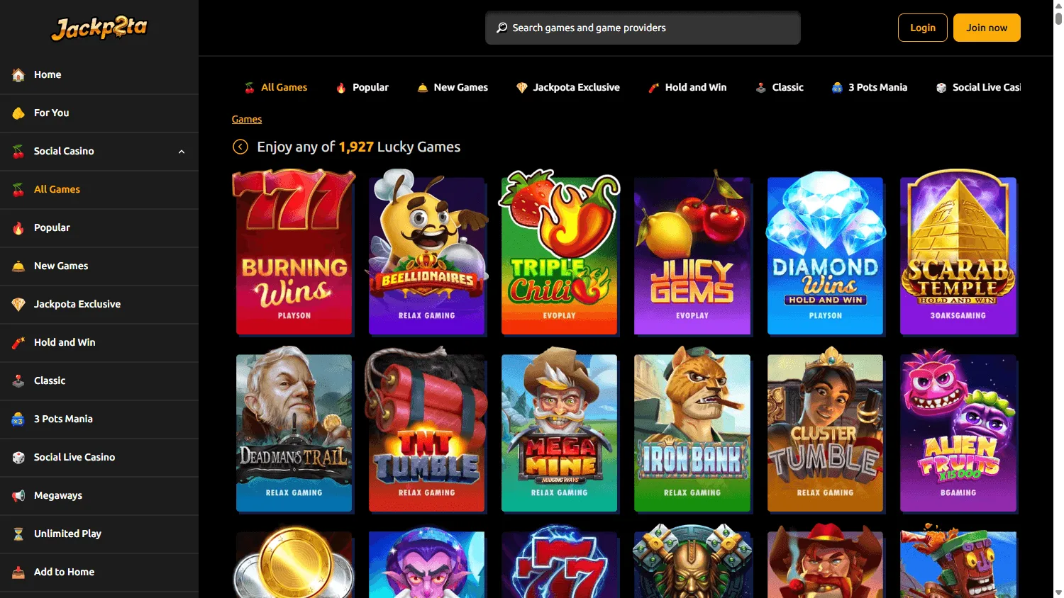 Slots Jackpot Casino game library on desktop
